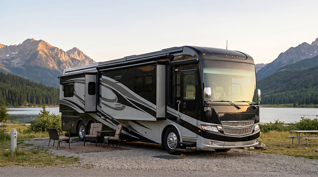 Realistic photo of a luxury modern motorhome parked at a campsite - America's RV Warranty