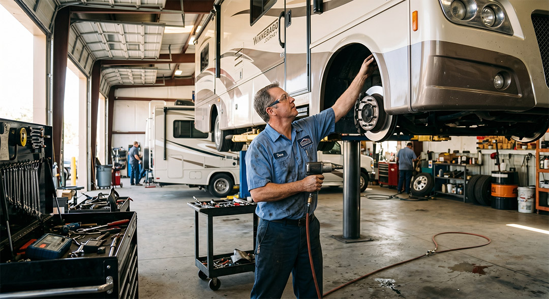 Realistic photo of an RV mechanic working on a motorhome - America's RV Warranty